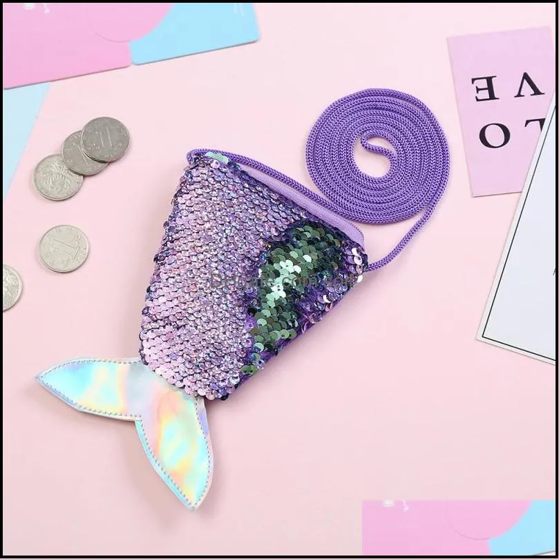 Double Colors Coin Purse Sequin Mermaid Tail Shaped Inclined Shoulder Bag For Children Outdoor Wallet