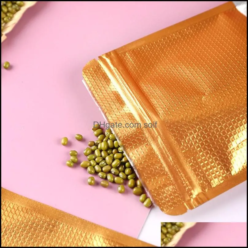 9x13cm Golden Stand Up Embossed Aluminum Foil Packaging Bags Resealable Poly Window Mylar Foil Food Storage Pouch for Dry Nuts Beans 2298