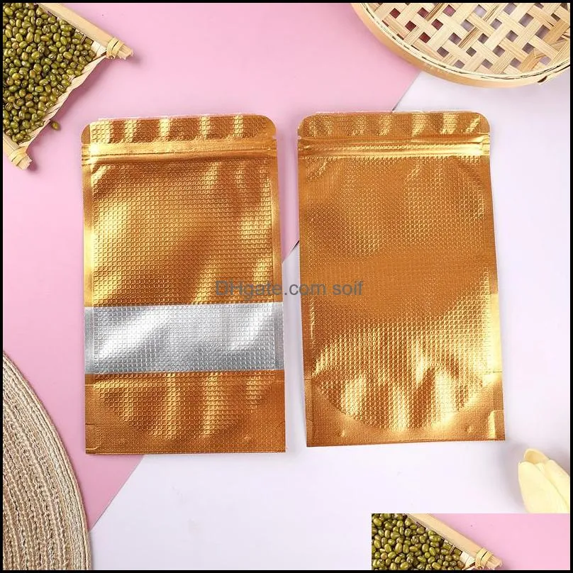 9x13cm Golden Stand Up Embossed Aluminum Foil Packaging Bags Resealable Poly Window Mylar Foil Food Storage Pouch for Dry Nuts Beans 2298