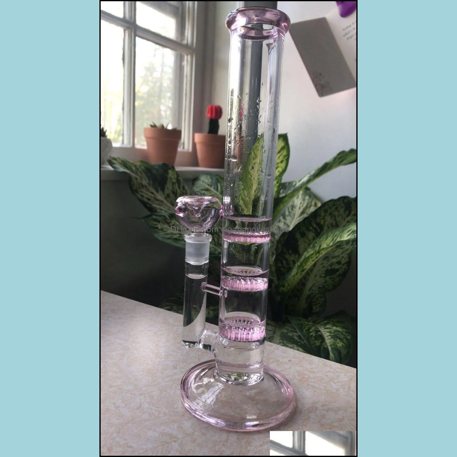 pink bong girly comb glass water pipes 3 layers cute dab bong heady rigs smoke pipe hookahs 11 inches percolator and 14mm joint
