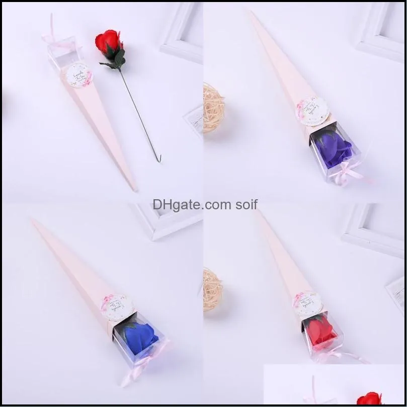 Single Rose Gift Box Valentine Day Packing Soap Flower Transparent Cone DIY Paper Case Wedding Silk Ribbon Bow Solid Color 1 9xy G2