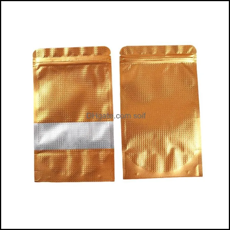 9x13cm Golden Stand Up Embossed Aluminum Foil Packaging Bags Resealable Poly Window Mylar Foil Food Storage Pouch for Dry Nuts Beans 2298