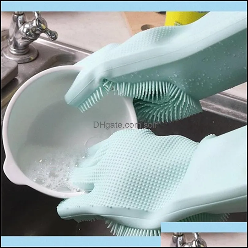 Silicone Gloves with Brush Reusable Safety Dish Washing Heat Resistant Glove Kitchen Cleaning Tool HHAA614 28 N2