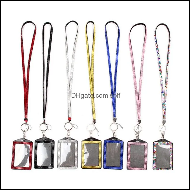 Rhinestone Crystal Card ID Badge Holder with Lanyard Rope Bling Vertical ID Business Card Case Office Papelaria Supplies 934 B3