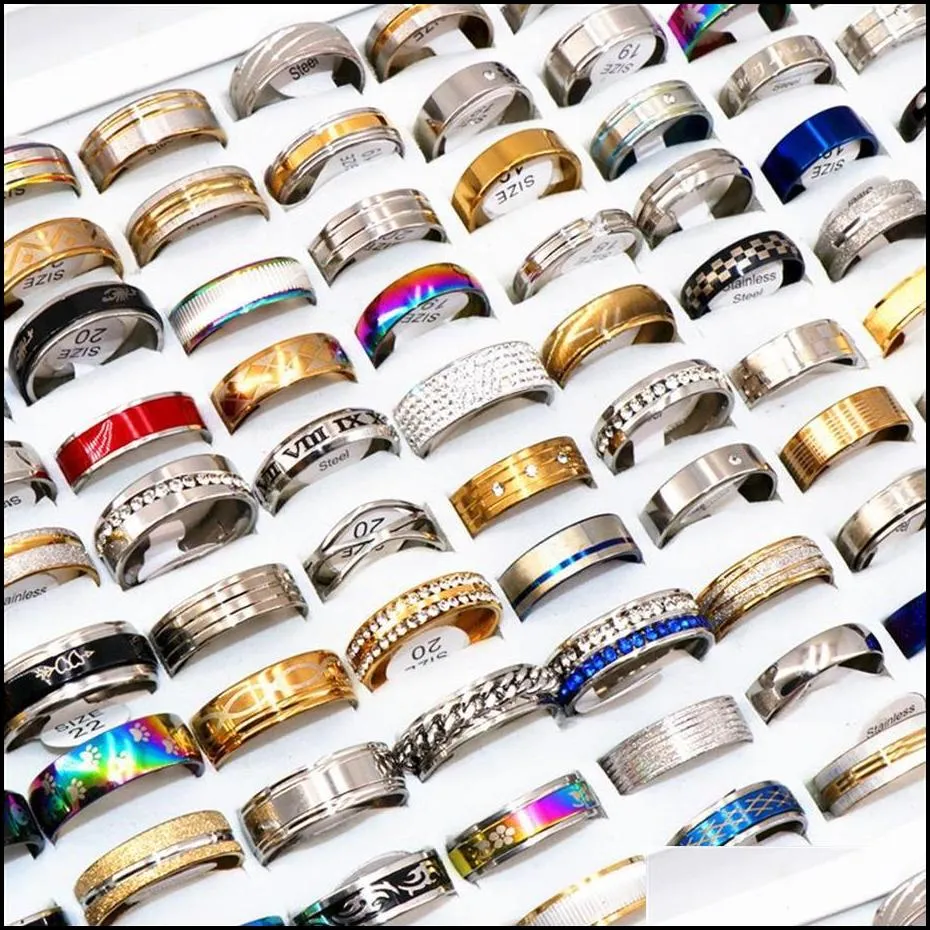 fashion 100pcs/lots assorted mens stainless steel rings jewelry party gift wedding rings for women mix style281k254j