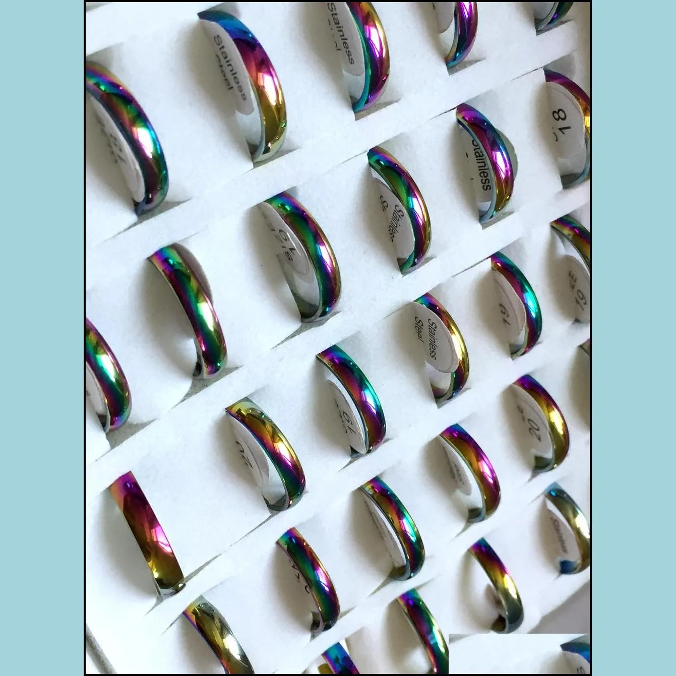 50pcs colorful mix 4 6 8mm band rings men women stainless steel rings wholesale fashion jewelry lots