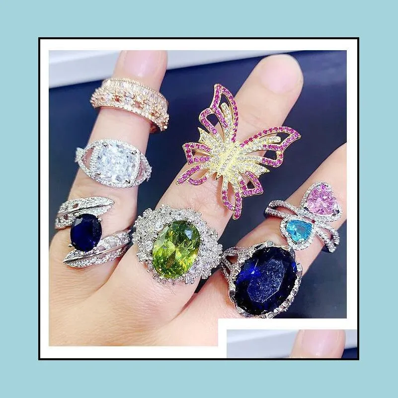 light luxury crystal zircon stone rings real gold plate colorful zirconia finger heavy industry micro pave s925 silver gemstone