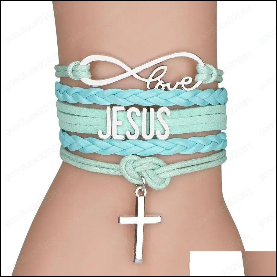 new cross charm braided leather rope bracelets for women men religious jesus love infinity wristband handmade jewelry in bulk