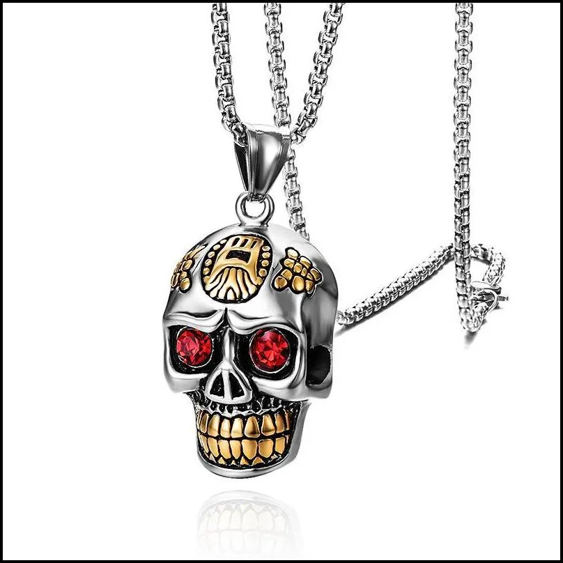 pendant necklaces punk stainless steel fashionable jewelry silver gothic skeleton necklace diamond eyes gold trendy skull