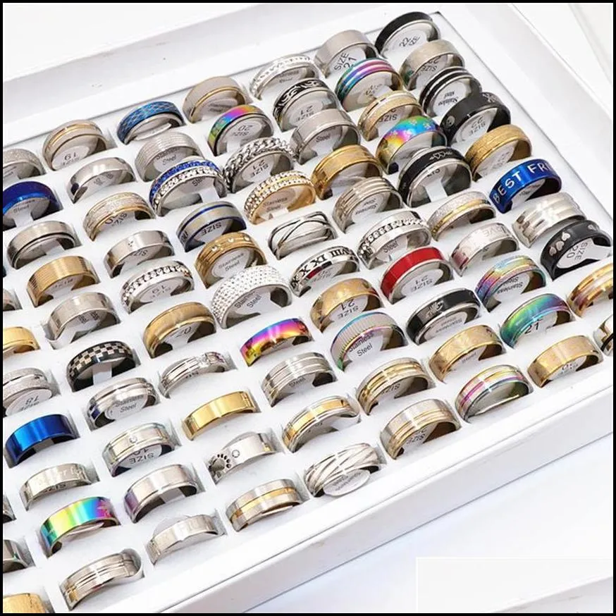 fashion 100pcs/lots assorted mens stainless steel rings jewelry party gift wedding rings for women mix style281k254j