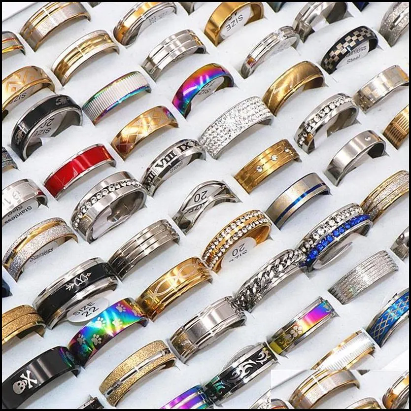 fashion 100pcs/lots assorted mens stainless steel rings jewelry party gift wedding rings for women mix style281k254j
