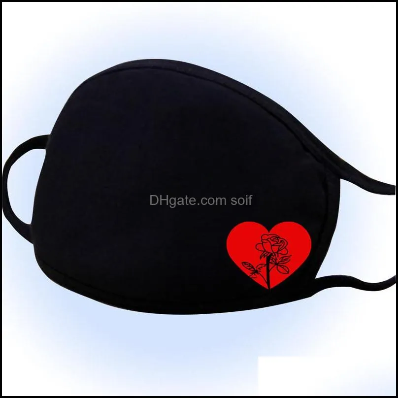 valentine day face masks cotton red heart shaped printed black face masks reusable dustproof warm face masks 249 n2