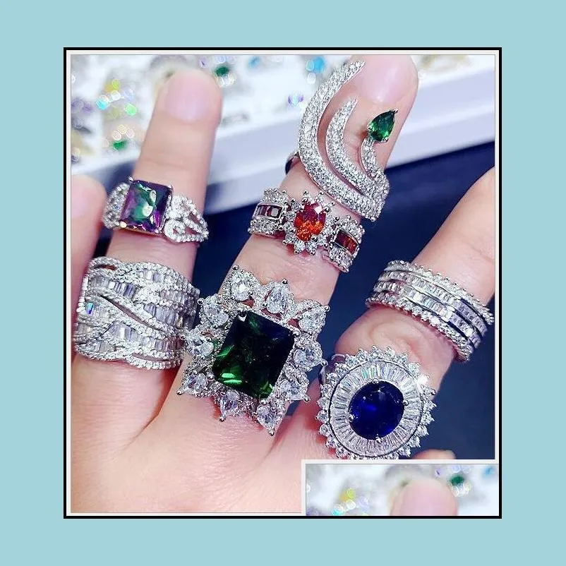 light luxury crystal zircon stone rings real gold plate colorful zirconia finger heavy industry micro pave s925 silver gemstone