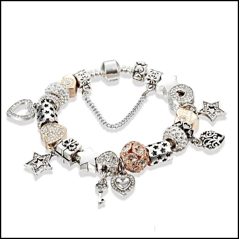 high quality 925 silver plated heartshaped charms and key pendant bracelet for  charm bracelets gift jewelry