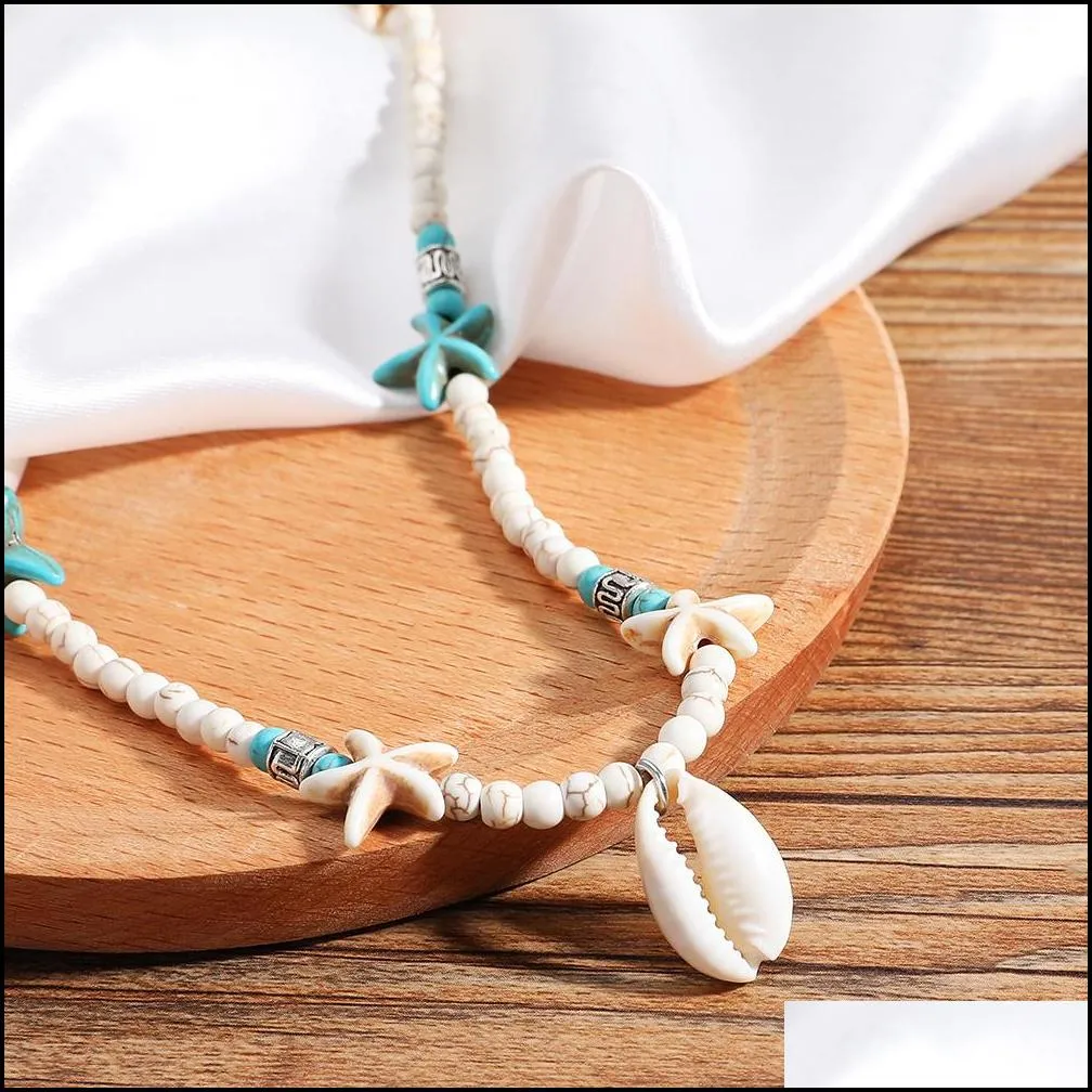 2020 trendy starfish shell pendant necklace green white nature stone chain necklace choker collar sexy simple design jewelry for