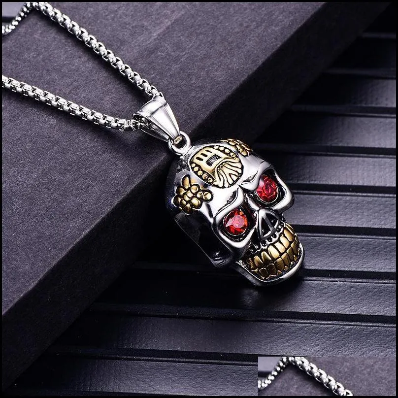 pendant necklaces punk stainless steel fashionable jewelry silver gothic skeleton necklace diamond eyes gold trendy skull