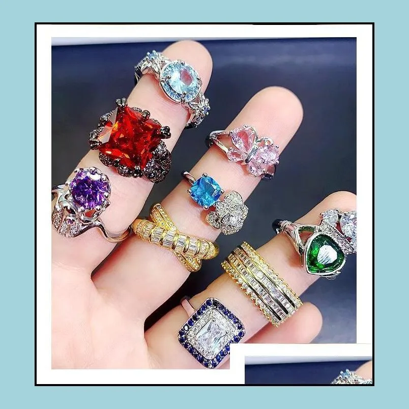 light luxury crystal zircon stone rings real gold plate colorful zirconia finger heavy industry micro pave s925 silver gemstone