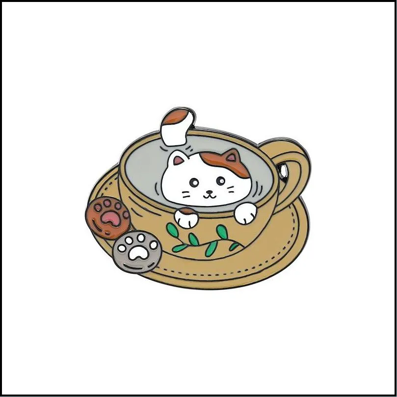 20pcs/lot cute cartoon coffee cat brooches alloy enamel collar flowers pins friend women men cup design brooch jewelry accessories