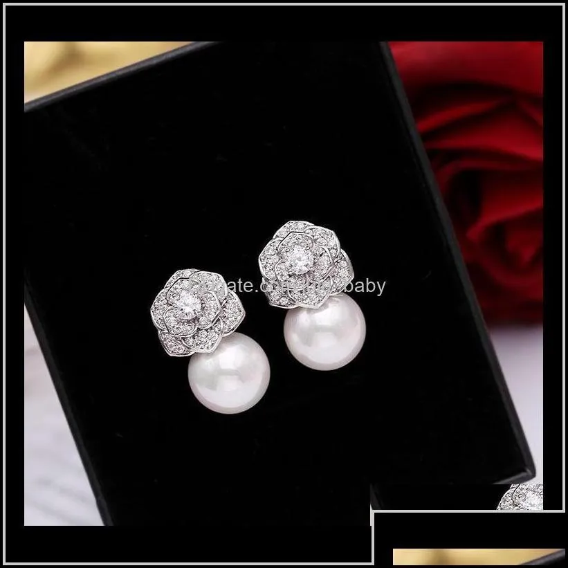 lovely diamond zircon camillia flower pearl earrings for woman girls super glittering ins fashion luxury designer 925 silver post c6st