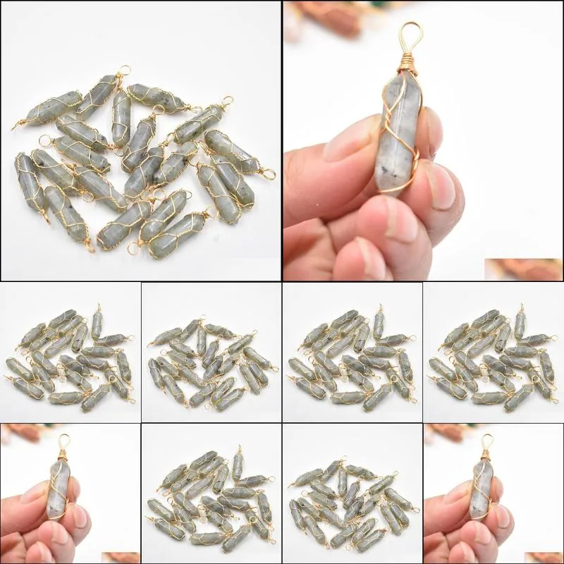 Gold Wire Natural Stone Labradorite Charms Hexagonal Healing Reiki Point Pendants for Jewelry Making