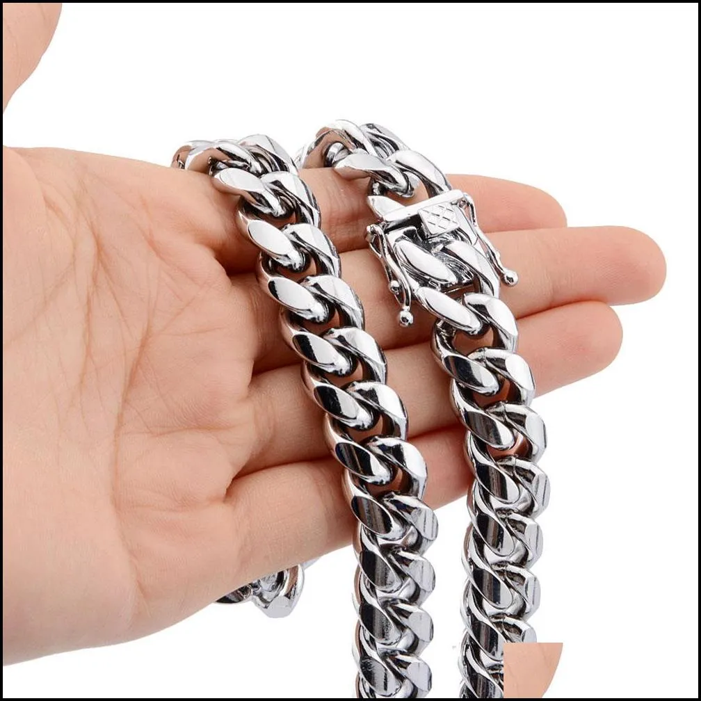 stainless steel jewelry 18k gold plated high polished  cuban link necklace men punk 15mm curb chain double safety clasp