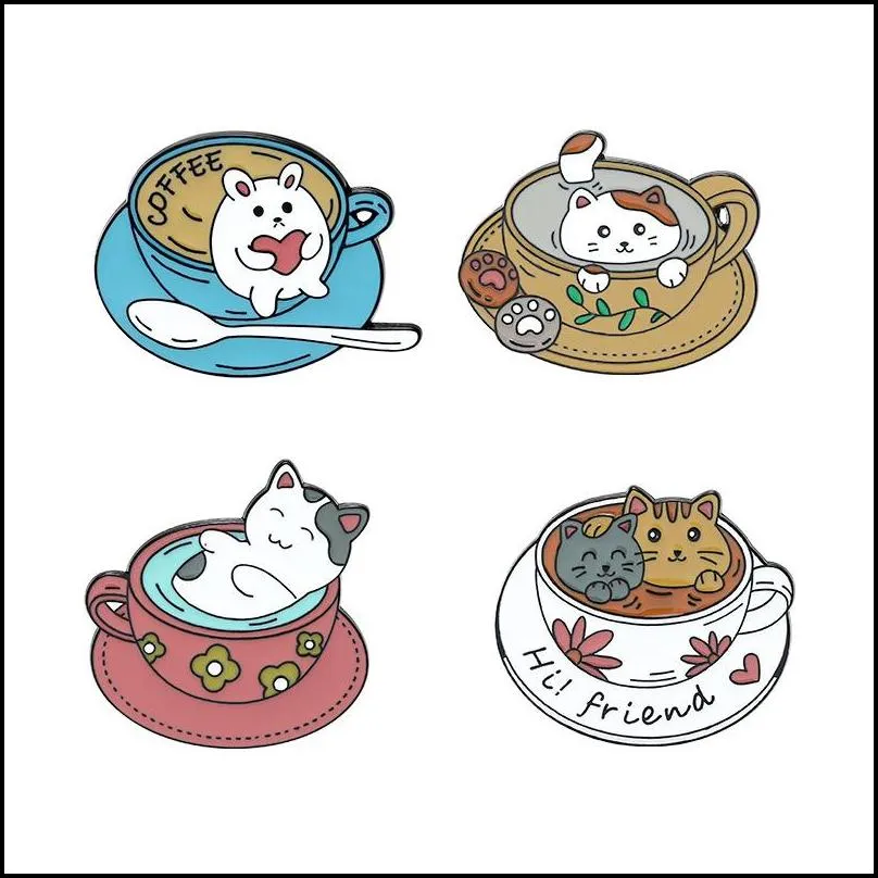 20pcs/lot cute cartoon coffee cat brooches alloy enamel collar flowers pins friend women men cup design brooch jewelry accessories