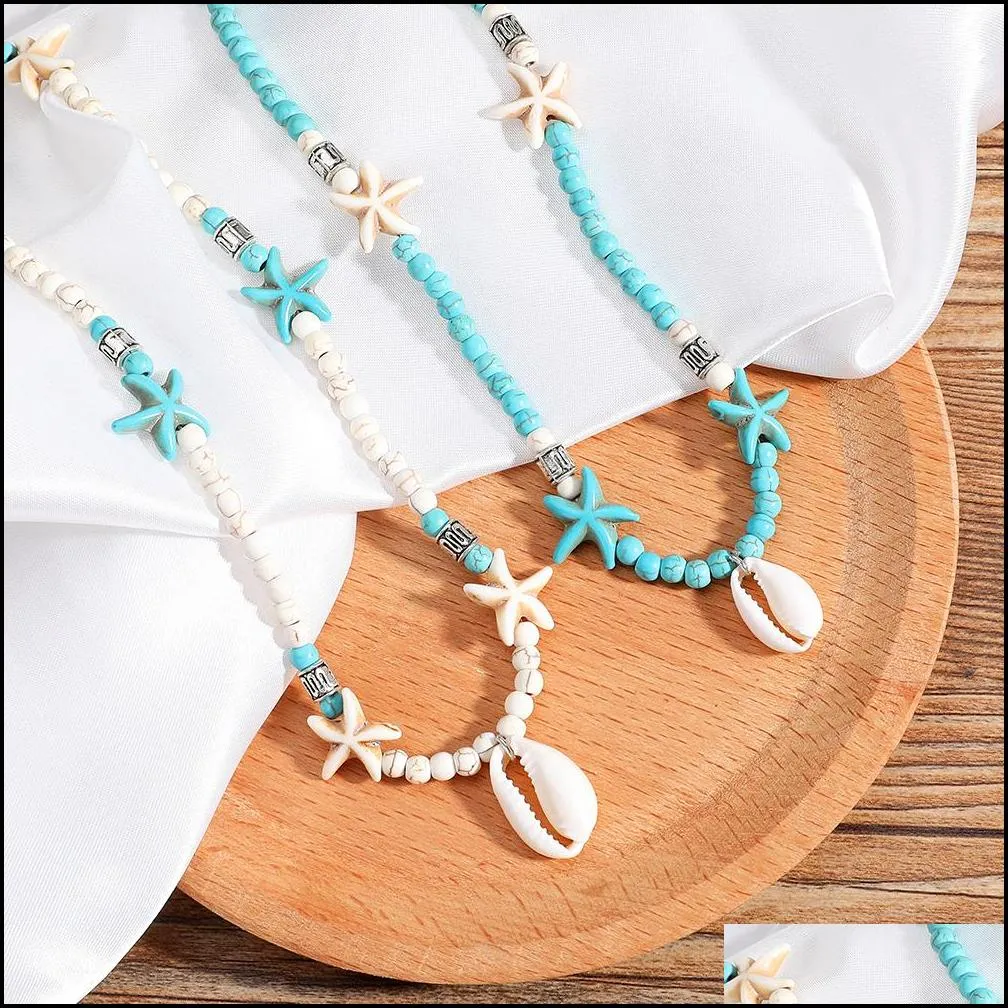 2020 trendy starfish shell pendant necklace green white nature stone chain necklace choker collar sexy simple design jewelry for