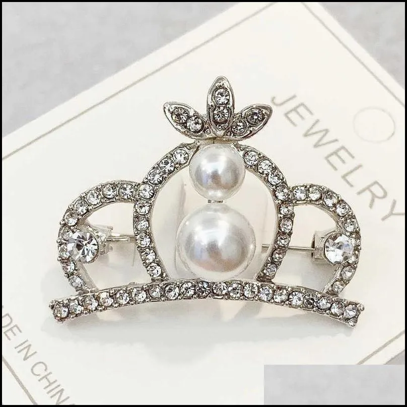 fashion crown brooches gold silver color clear rhinestone pins dress decoration buckle badge jewelry accessories for women h1018