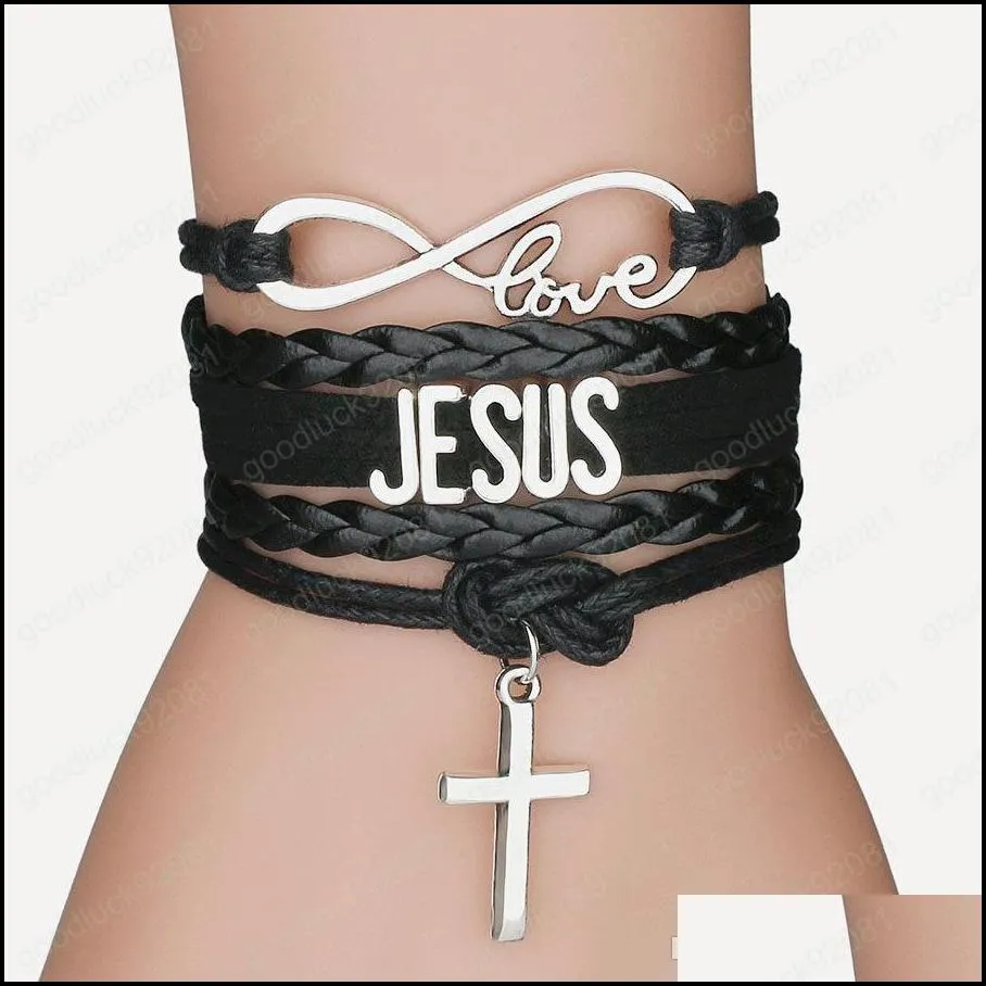 new cross charm braided leather rope bracelets for women men religious jesus love infinity wristband handmade jewelry in bulk