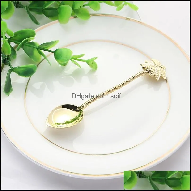 gold plating ladle coconut trees leaf branch plant spoon metal carving spoons kitchen accessories coffe dessert 2 2sd c2