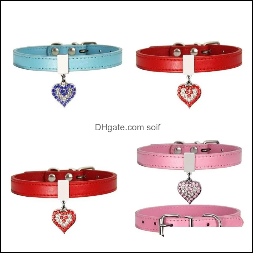 pet dog collar with diamond heart bell fashion pu leather pet dog cat collars small dog neck adjustable strap 39 p2