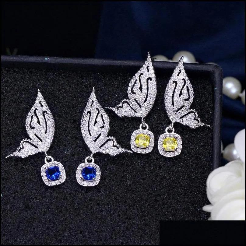 fashion butterfly earrings jewelry charm designer earrings bride wedding 925 sterling silver post yellow blue aaa cubic zirconia copper earring for women