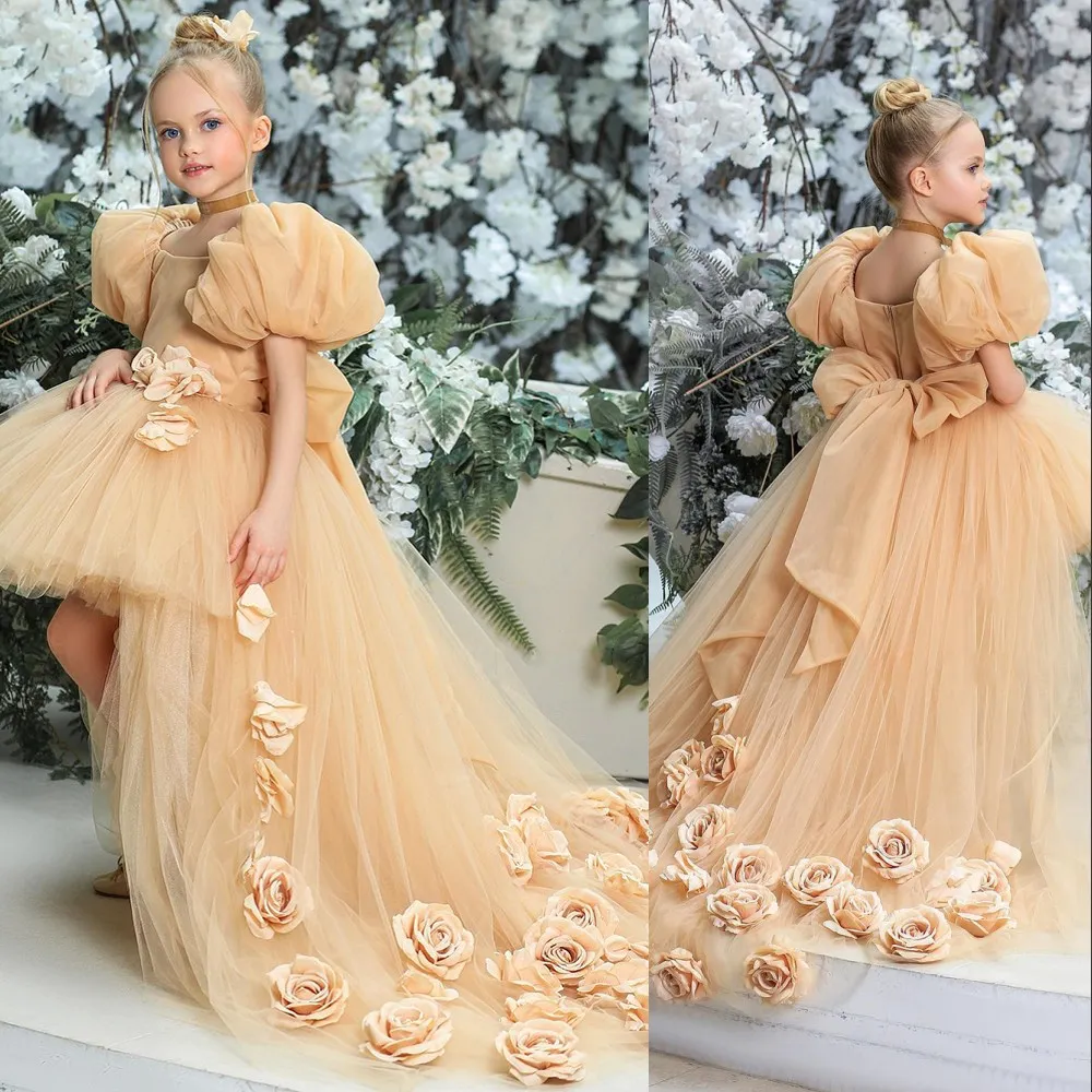 2023 Lovely Gold Flower Girl Dresses Scoop Neck Cap Sleeves Tulle Hand Made Flowers Bow High Low Little Kids Birthday Pageant Weddding Gowns