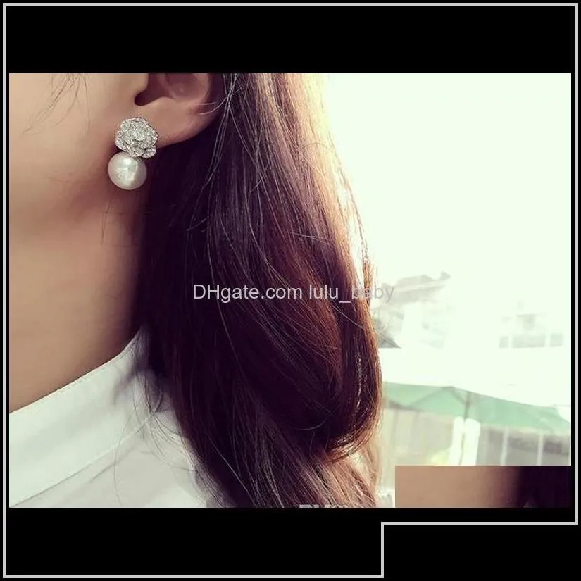 lovely diamond zircon camillia flower pearl earrings for woman girls super glittering ins fashion luxury designer 925 silver post c6st