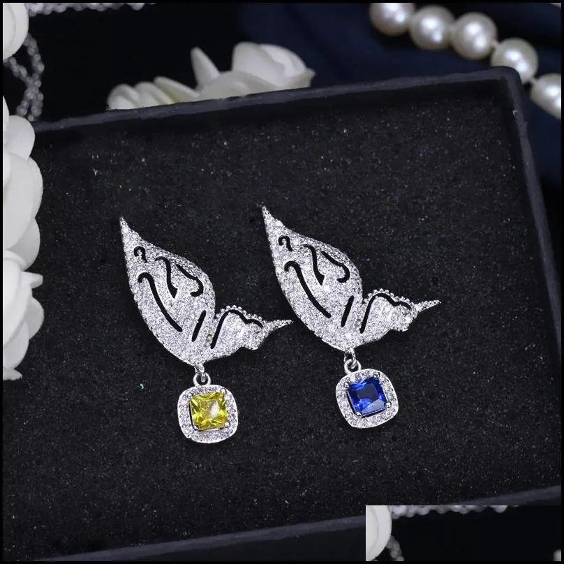 fashion butterfly earrings jewelry charm designer earrings bride wedding 925 sterling silver post yellow blue aaa cubic zirconia copper earring for women