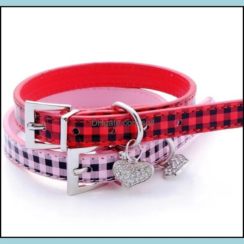 square grid cat collar pu rhinestone crystal love heart peach pendant dog collars pure color pet supplies 5 8en4 bb