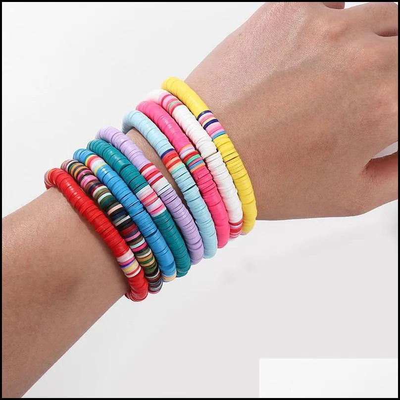 handmade rainbow bead bracelet colorful polymer clay disc beads bracelets boho surf stackable stretch charm bracelet jewelry for women