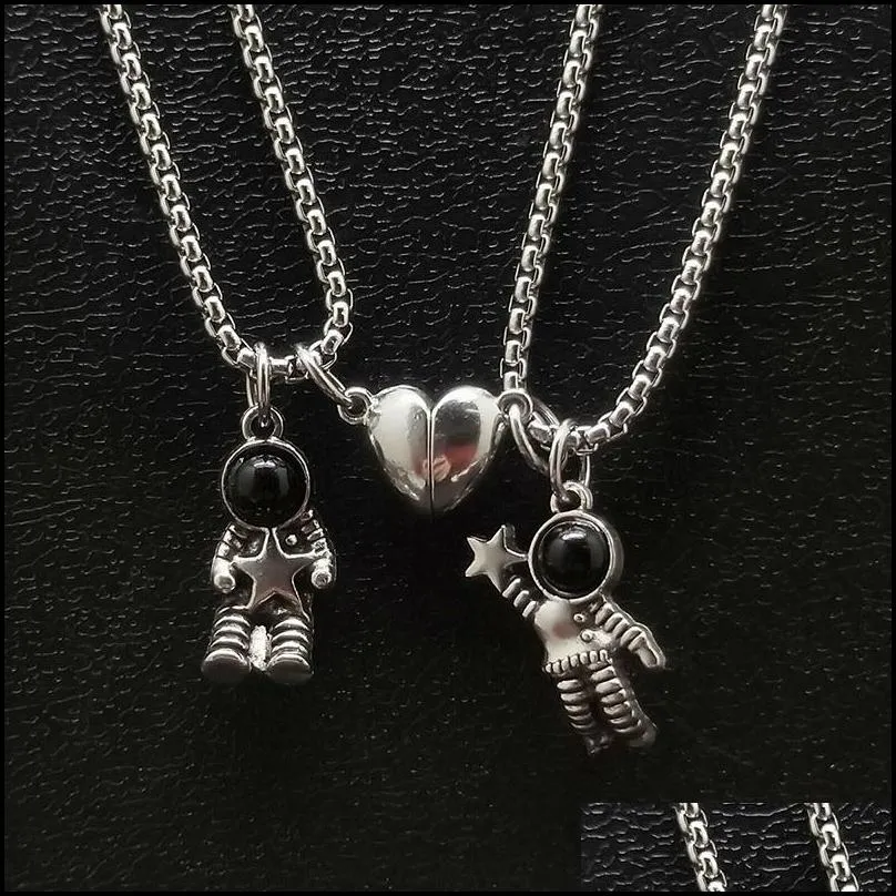 cute astronauts magnet attraction pendant couple necklace friendship jewelry creative cool chain necklaces for women men gift