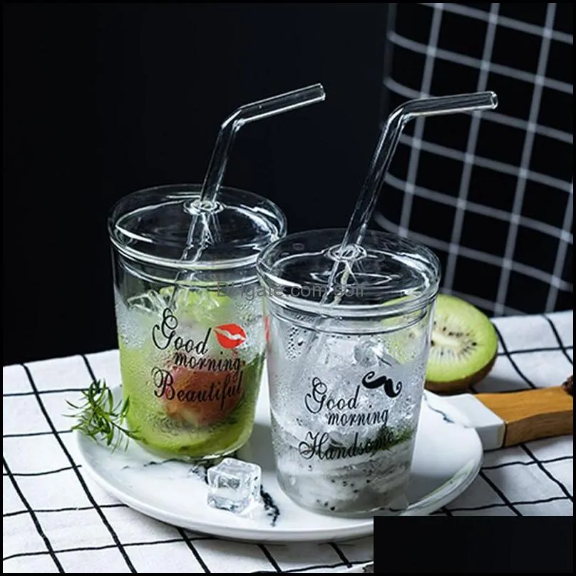 with cover straw water cup cold drink lovers mug adult juice tumbler office household valentines day transparent