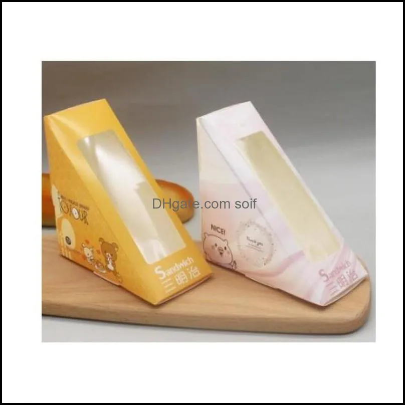 disposable sandwich packaging box cartoon printed triangle shape sandwich breakfast paper packaging box with pet window 188 n2