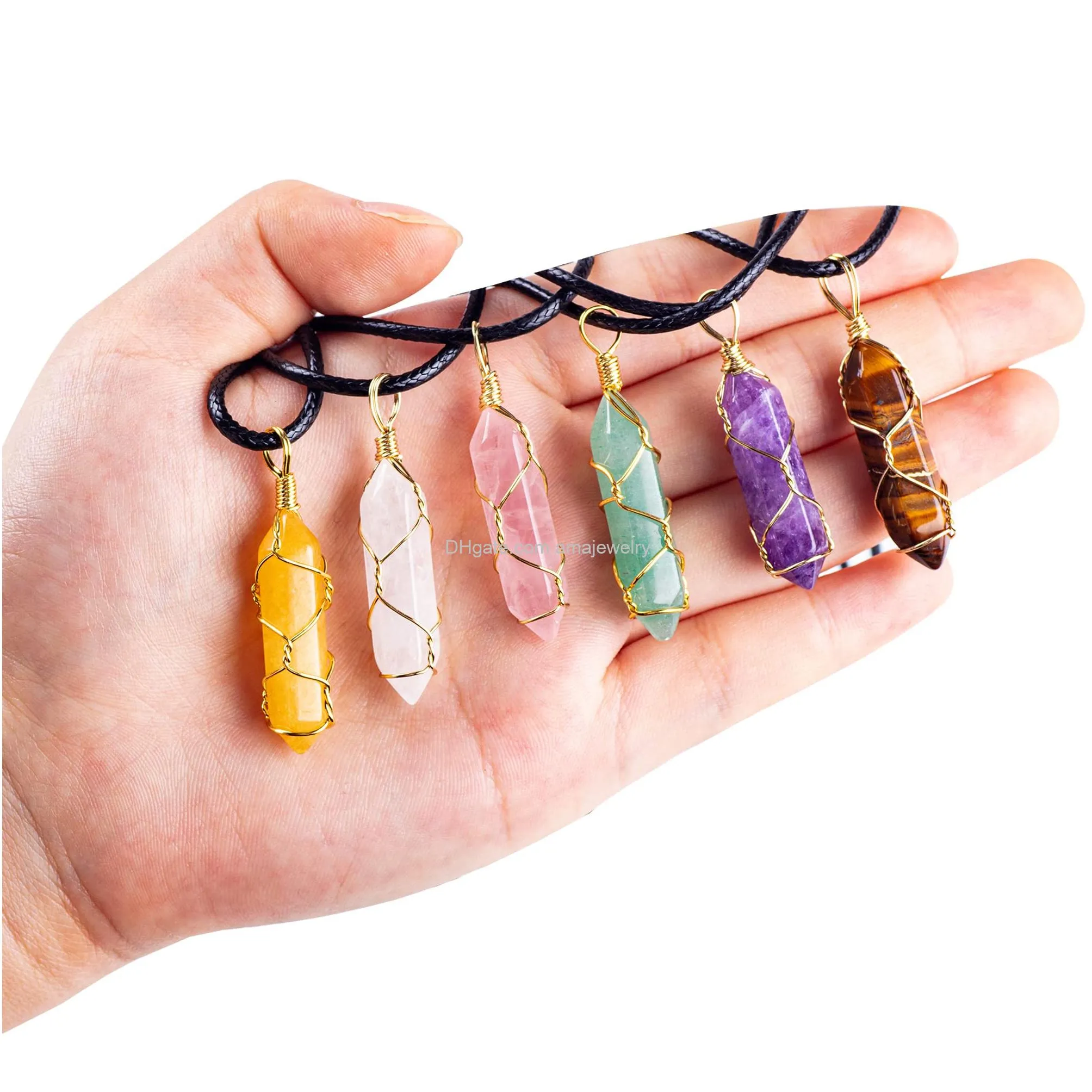 natural hexagonal crystal necklace healing chakra crystals necklaces gold wire wrapped doubled pointed crystal pendant necklace for women