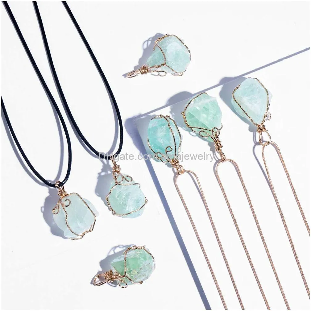 natural rock quartz pendant necklace for women tumbled raw irregular crystal wrapped gold wire chakra gemstone jewelry with 2 different chains