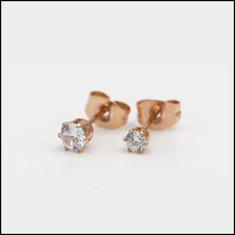 Stainless Steel 3mm-8mm Round Transparent Cubic Zirconia Stud Earring For Women Girls Silver Gold Rose Gold Fashion Wedding Jewerly-Y