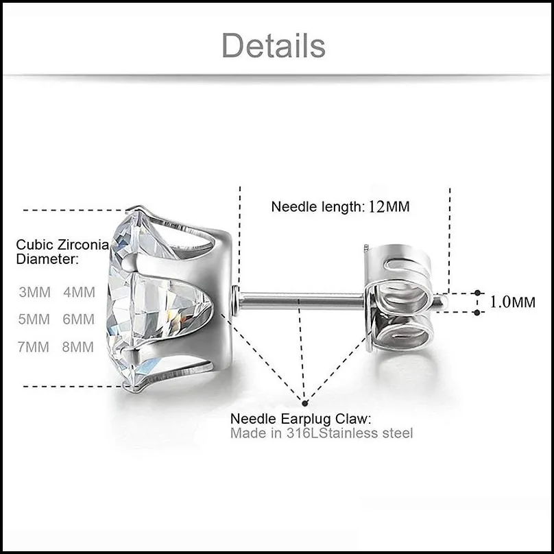 Stainless Steel 3mm-8mm Round Transparent Cubic Zirconia Stud Earring For Women Girls Silver Gold Rose Gold Fashion Wedding Jewerly-Y