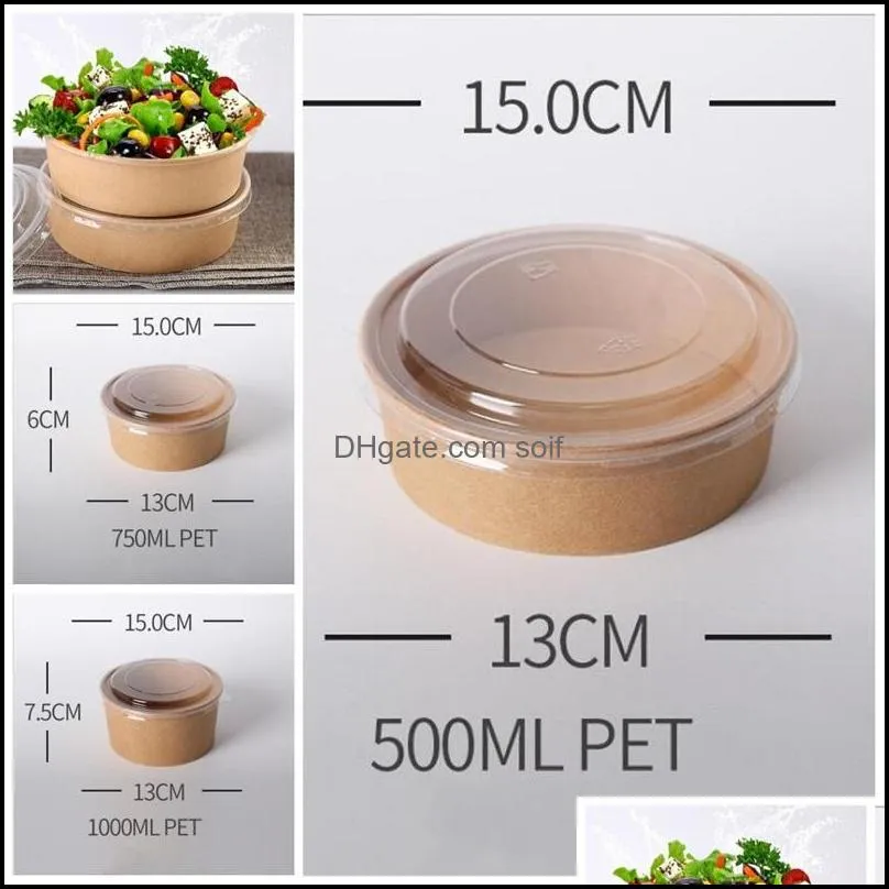 disposable packing box salad bowl with lid food storage containers lunch kraft paper pack take out fruits 750/1000/1300ml 0 48jf f2