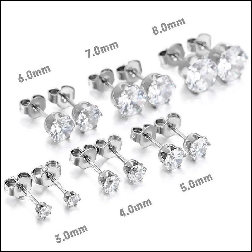 Stainless Steel 3mm-8mm Round Transparent Cubic Zirconia Stud Earring For Women Girls Silver Gold Rose Gold Fashion Wedding Jewerly-Y