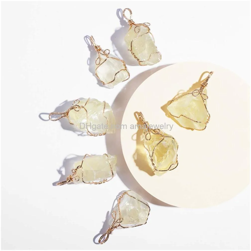 natural rock quartz pendant necklace for women tumbled raw irregular crystal wrapped gold wire chakra gemstone jewelry with 2 different chains