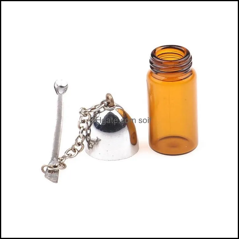 57mm glass snuff pill box case bottle silver clear brown vial with metal spoon spice bullet rocket snorter sniffer case 417 s2