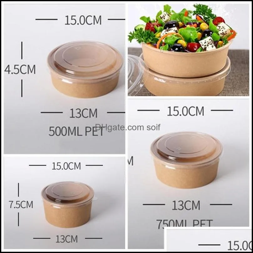 disposable packing box salad bowl with lid food storage containers lunch kraft paper pack take out fruits 750/1000/1300ml 0 48jf f2