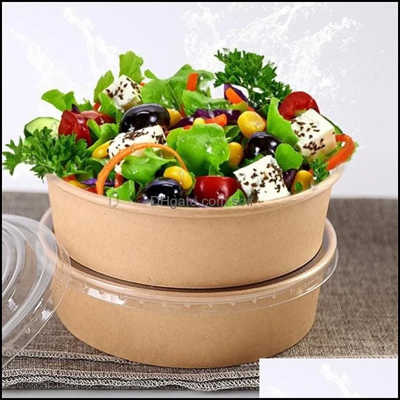 disposable packing box salad bowl with lid food storage containers lunch kraft paper pack take out fruits 750/1000/1300ml 0 48jf f2